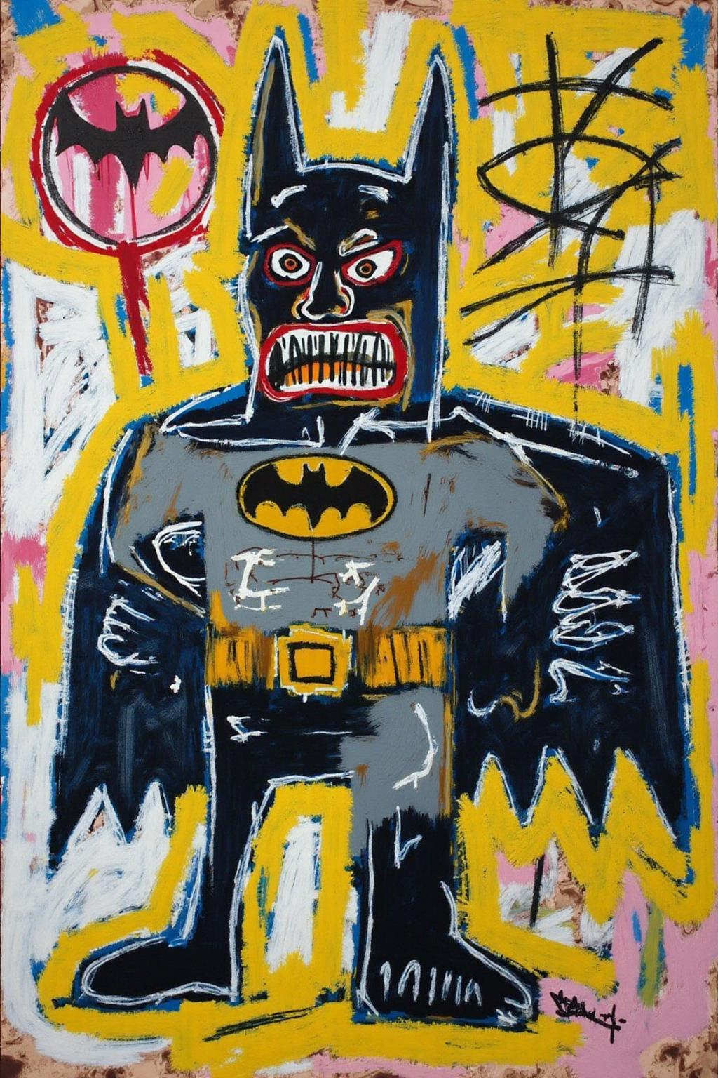basquiat1 painting
A colorful painting of batman shouting angrily.  There is a bat signal 
 <lora:basquiat1_cap_d6a3e11:1.0><lora:835165118364034221:0>