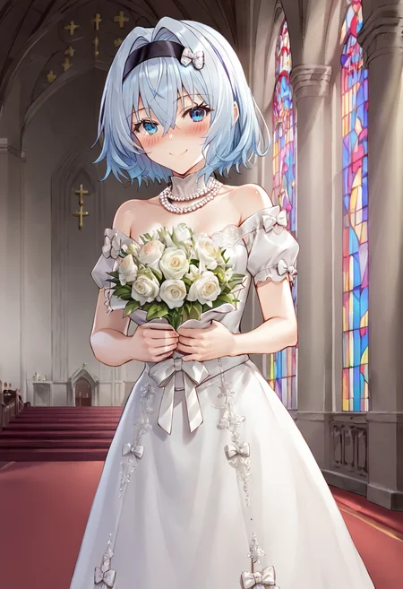 ginko_sora, blue hair, blue eyes, medium hair, small breasts,black hairband,official art, fitted bodice, pearl necklace, white bows, lace appliques, HUD_Wht_Gwn, off-shoulder, Edwardian era satin white dress, long dress, (puffy short sleeves),
BREAK
indoors, church,
BREAK
flower, holding bouquet with both hands, smile, marriage ceremony, blush
BREAK
best quality, masterpiece,score_9, score_8_up, score_7_up, perfect hand, source_anime, rating_explicit,<lora:hud_wht_gwn_XLP:0.6> <lora:Ginko_Sora:0.8>
