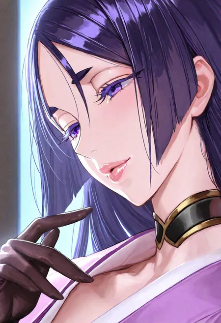 1girl, Minamoto-no-Raikou
\(fate\),, adult woman, milf, masterpiece, purple japanese dress, hand up, black gloves, high collar, dark purple hair, long hair, very long hair, luscious lips, lip gloss, portrait, colored eyelashes, backlighting, purple eyes, goddess, glossy skin, ,hires,best quality, very aesthetic,absurdres,score_9, score_8_up, score_7_up, score_6_up, score_5_up, score_4_up, (hyper extreme detailed), (hyper quality), game CG, (colour:1.2),(from side:0.7)