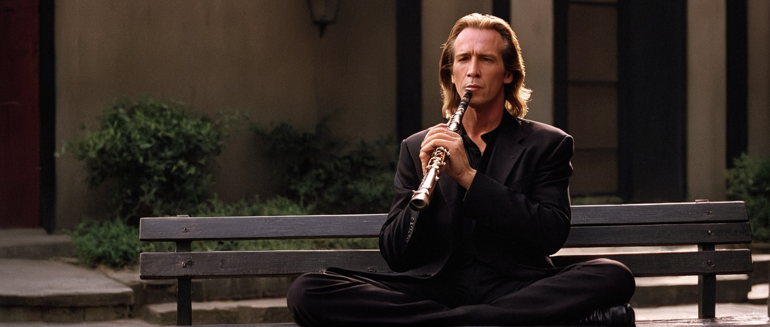 cinematic film still of  <lora:Kill Bill style:1>
Cinematic film image of David Carradine a man sitting on a bench outside of a building playing the flute,solo,shirt,long sleeves,1boy,holding,sitting,jacket,closed eyes,male focus,shoes,day,pants,black footwear,black jacket,black pants,formal,suit,instrument,music,bench,playing instrument,holding instrument,black suit,flute , Kodak film grain, dramatic light, dramatic shadow light, contrast, saturated color, cinematic, filmic, motion picture, realistic, realism, perfection, perfect, deep focus, clean image, Kill Bill style, Kill Bill Film Style, shallow depth of field, vignette, highly detailed, high budget, bokeh, cinemascope, moody, epic, gorgeous, film grain, grainy
