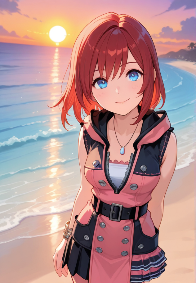masterpiece, best quality, amazing quality, very aesthetic, absurdres,  newest, detailed background, cowboy shot,  outdoors, sunset, secluded beach, palms, sky, dynamic angle
kairikh3, 1girl, red hair, blue eyes, dress, boots, jewelry, medium hair, necklace, belt, medium breasts, sleeveless, looking at viewer, smile
 <lora:Kairi_-_Kingdom_Hearts_3_Illustrious:1>