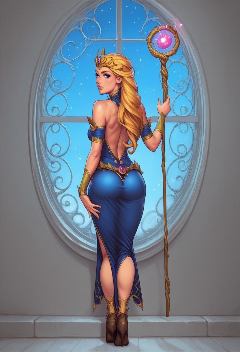 1girl, (((back view))), from front, solo, illustration, comic style, highly detailed, skinny, model body, looking at viewer, masterpiece, best quality, 1girl, masterpiece, best quality, fayenchantress, 1girl, solo, blonde hair, long hair, blue eyes, (young beauty, fit body:1.3), ((((magic shining orb in staff right hand, opened magic book in left hand)))), ((((magic clothes, tiara)))), dynamic pose
<lora:FayEnchantress:0.9>
BREAK 
(((dark magic Observatory inside, night sky in window:1.6)))) score_9, score_8_up, score_7_up, score_6_up, source_cartoon, rating_explicit, Expressiveh, ((((full body))))), dynamic pose