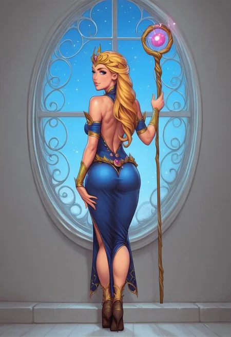 1girl, (((back view))), from front, solo, illustration, comic style, highly detailed, skinny, model body, looking at viewer, masterpiece, best quality, 1girl, masterpiece, best quality, fayenchantress, 1girl, solo, blonde hair, long hair, blue eyes, (young beauty, fit body:1.3), ((((magic shining orb in staff right hand, opened magic book in left hand)))), ((((magic clothes, tiara)))), dynamic pose
<lora:FayEnchantress:0.9>
BREAK
(((dark magic Observatory inside, night sky in window:1.6)))) score_9, score_8_up, score_7_up, score_6_up, source_cartoon, rating_explicit, Expressiveh, ((((full body))))), dynamic pose