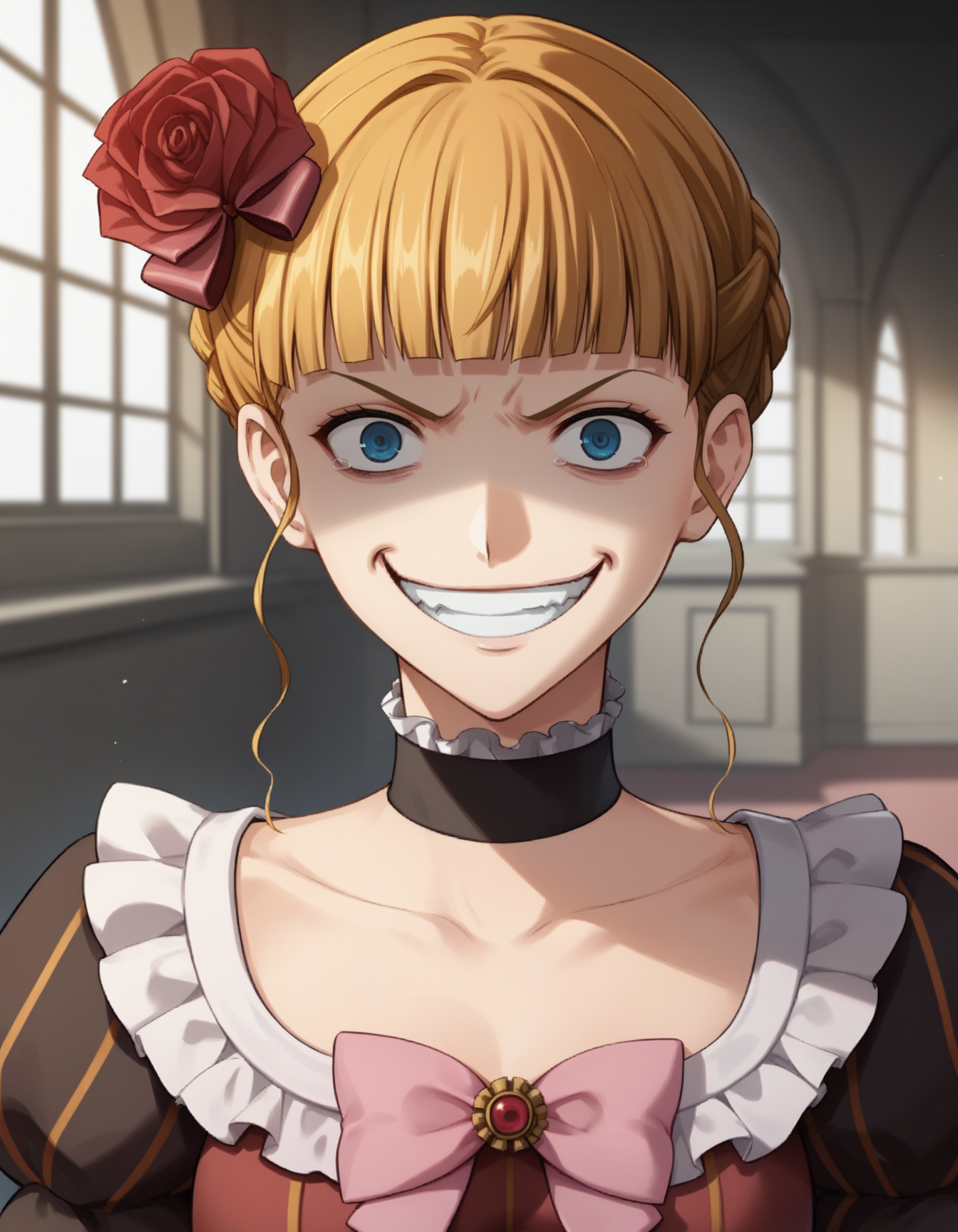 score_9, score_8_up, score_7_up, source_anime, 1girl, solo, beatrice \(umineko\), pink bow, choker, castle interior, dress, hair ornament, upper body, crazy smile, <lora:Beatrice:1>
