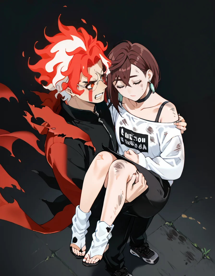 score_9, score_8_up, score_7_up, source_anime, 1girl and 1boy, simple background, black background, shot from above, princess carry, <lora:princess_carry_v0.3-pony:0.8> BREAK
1boy, angry, <lora:ken_takakura_anime_v2-soralz:0.7>, ken takakura, transformation, white hair, red hair, fiery hair, multicolored hair, red eyes, facial mark, torn clothes,
ADDCOL
1girl, sleeping, <lora:momo_ayase_anime_v3-soralz:0.7>, momo ayase, brown hair, short hair, hair between eyes, asymmetrical bangs, closed eyes, earrings, black choker, casual outfit, collarbone, bra strap, off-shoulder shirt, bare shoulders, long sleeves, black skirt, black miniskirt, sneakers, dirty,