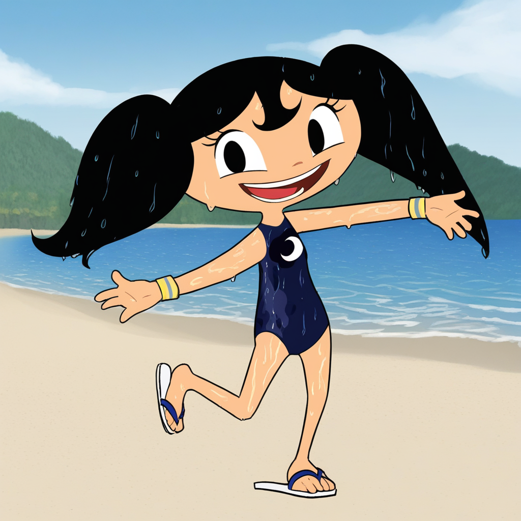 Luna (Earth To Luna), black pupils, black hair, twintails, wet hair, one-piece swimsuit with yellow stars, sandals, white wristband (right-handed) simple background, outdoors, beach scenery, smiling, mouth opened, looking at the viewer, looking back with a hand reaching out, four fingers
