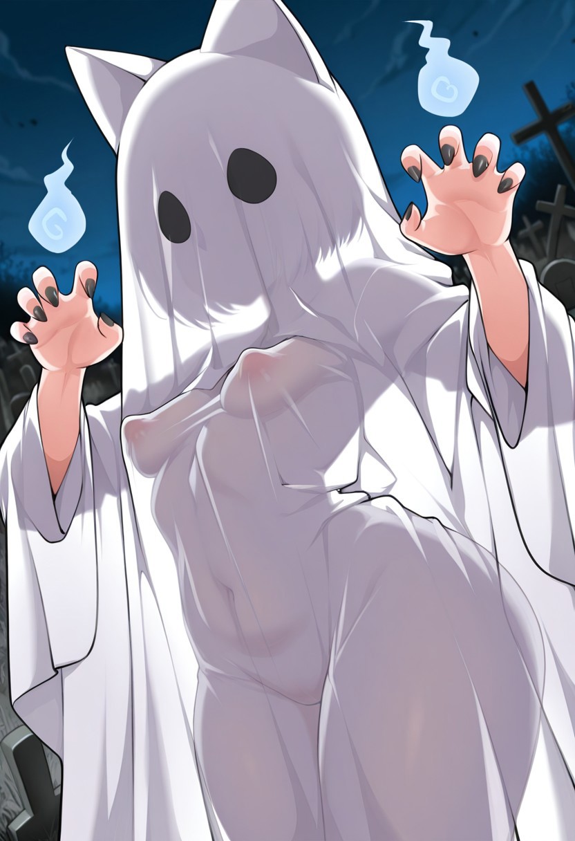 masterpiece, best quality, amazing quality, night, graveyard, ghosts, outdoors, solo, catgirl, shortstack, small breasts, perky breasts, ghost costume, black fingernails, see-through silhouette, covered nipples, covered head, claw pose, cowboy shot, from angle, b4yeuxm4n