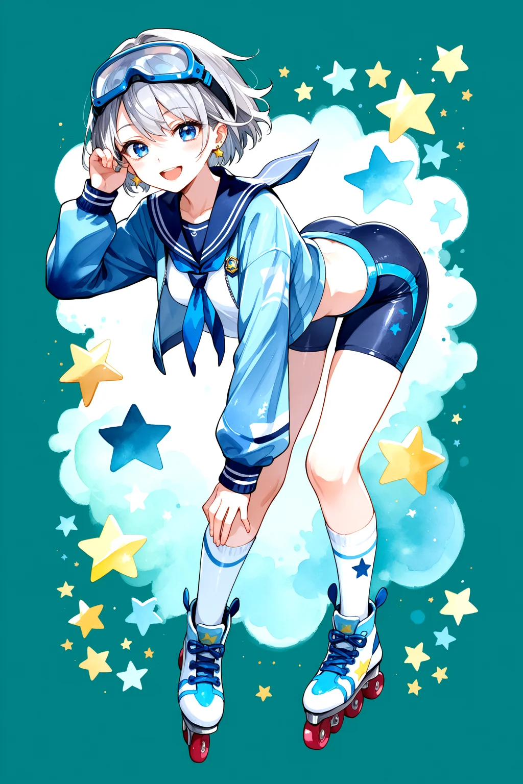 Watercolor style painting, , 1girl, ass, bike shorts, blue eyes, blue jacket, blue neckerchief, blue sailor collar, blush, breasts, earrings, full body, goggles, goggles around neck, green background, grey hair, hand up, inline skates, jacket, jewelry, leaning forward, long sleeves, looking at viewer, midriff peek, neckerchief, open mouth, roller skates, sailor collar, shirt, short hair, skates, small breasts, smile, socks, solo, star symbol background, two-tone footwear, w, white shirt, white socks, score_9_up, score_8_up, masterpiece, best quality,  colorwash, watercolor