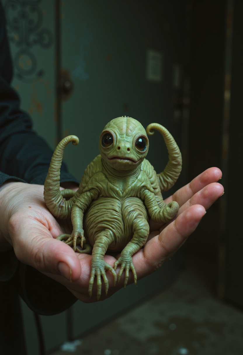 analog film photo image depicts a small, green, tentacled creature with large eyes and a bulbous body, resting on an open palm.
In the foreground, the creature's intricate details are visible: its numerous tentacles, each curled at the end, and its large, round eyes that seem to stare directly into the viewer. The creature's skin appears rough and wrinkled, with deep creases etched across its surface. Its body is a muted green color, with hints of brown and tan around the edges.
The background of the image is blurred, but it appears to be a dark room or space, with shadows cast on the walls. The overall atmosphere of the image is one of curiosity and fascination, as if the viewer is being invited to examine this strange creature up close.
The composition of the image is simple yet effective, with the creature centered in the frame and the palm serving as a subtle contrast to its alien appearance. The lighting is soft and diffused, which helps to emphasize the texture and detail of the creature's skin.
Overall, the image presents a captivating and intriguing scene that invites the viewer to explore the mysteries of this unusual creature . faded film, desaturated, 35mm photo, grainy, vignette, vintage, Kodachrome, Lomography, stained, highly detailed, found footage