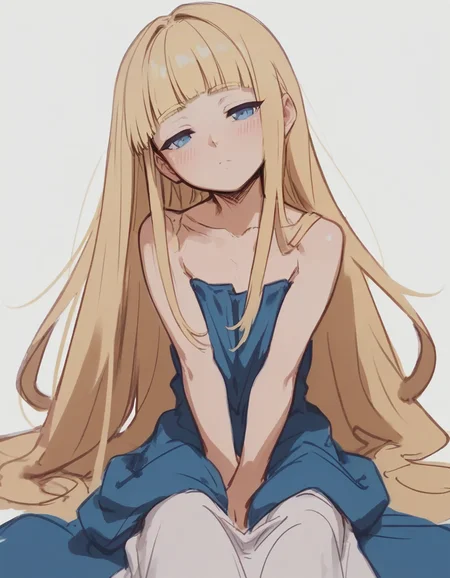 score_9, score_8_up, score_7_up,score_6_up,score_5_up,score_4_up, 1girl, blonde hair, long hair, blunt bangs, blue eyes, sketch, white background, v arms, half-closed eyes, head tilt, long dress, blush, flat chest, 
 <lora:butterchalk_style_pony6_v3:1>