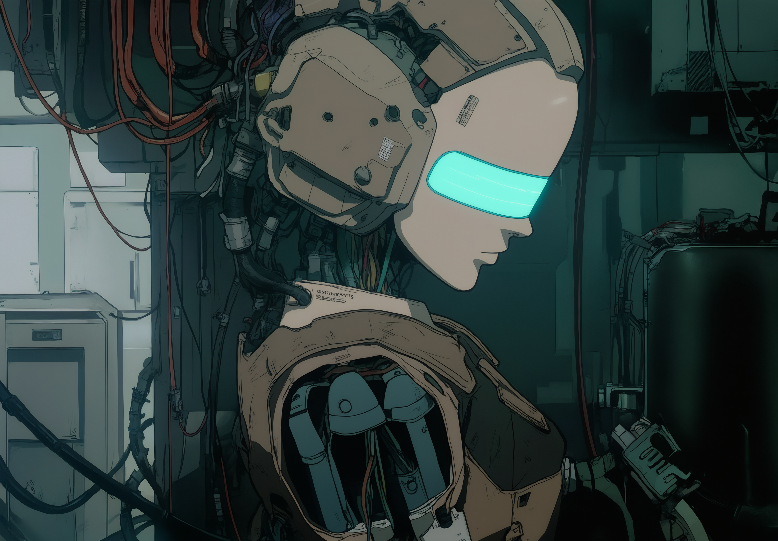 masterpiece,absurdres,best quality,high quality,<lora:GITS1995_XL Vpred Noob:1>,solo,female robot with a lot of wires in it's body and head and arms,looking away,from side,wire,machinery,laboratory,
