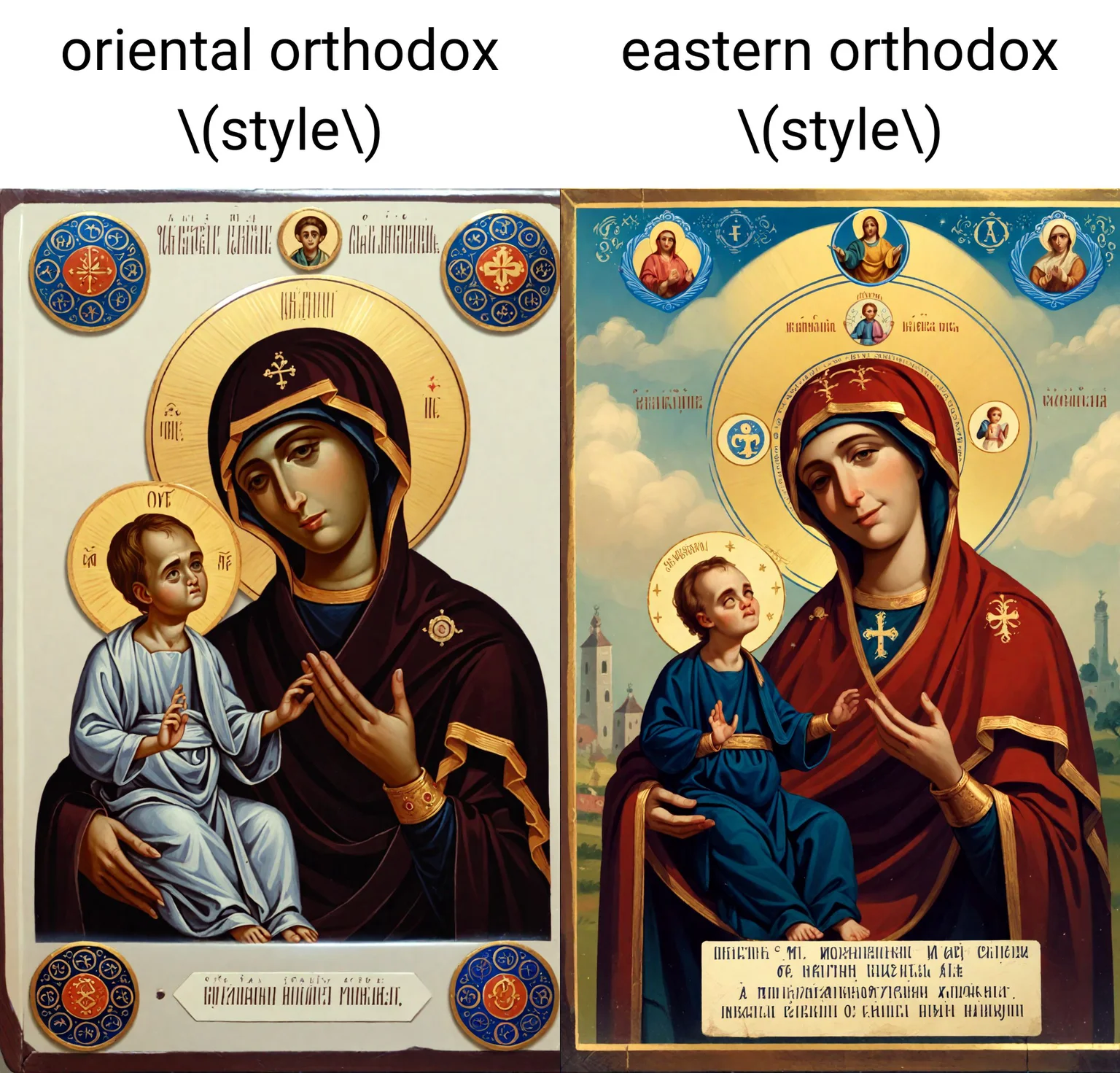 <lora:orthodox-icons_pony_v3:1> ' ' a orthodox icon created in ,icon \(genre\),oriental orthodox \(style\), the image features a religious icon with a mother and child,likely depicting a scene from the bible., score_9, score_6_up, score_7_up