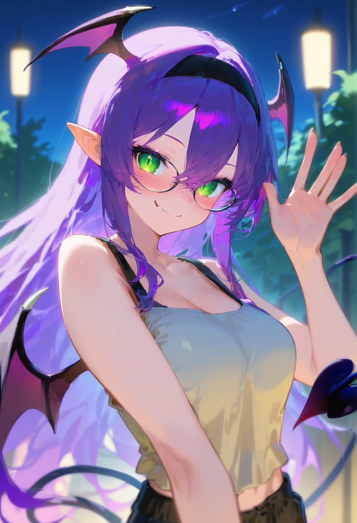 score_9_up, score_8_up,score_7_up, masterpiece, best quality, amazing quality, very aesthetic, 1girl, solo girl, upper body shot, night, strait on, looking at viewer, tank top, midriff, 
<lora:Lina_Purple_Pony:1>Lina Purple, purple haired deamon girl, long hair, bangs, hair between eyes, succubus tail, black glasses, green eyes, cat slit pupils, pointy ears, succubus wings on head, black headband,  collarbone, bright smile, light blushing, head tilted to the side, waving, medium breasts, light blushing,  medium breasts,