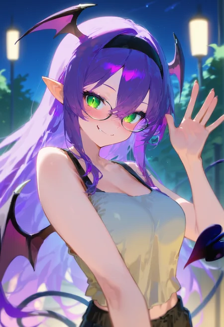 score_9_up, score_8_up,score_7_up, masterpiece, best quality, amazing quality, very aesthetic, 1girl, solo girl, upper body shot, night, strait on, looking at viewer, tank top, midriff,
<lora:Lina_Purple_Pony:1>Lina Purple, purple haired deamon girl, long hair, bangs, hair between eyes, succubus tail, black glasses, green eyes, cat slit pupils, pointy ears, succubus wings on head, black headband, collarbone, bright smile, light blushing, head tilted to the side, waving, medium breasts, light blushing, medium breasts,