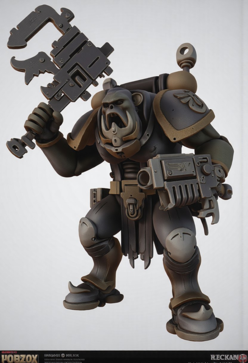 Score_9_up, absurdres, source: GamesWorkshop, grimdark, gothic horror, Warhammer 40000, a snarling ork is waving an axe in one hand and firing a machinegun in the other, lifelike, hyperrealism, perfect hands, perfect anatomy, project unreal engine