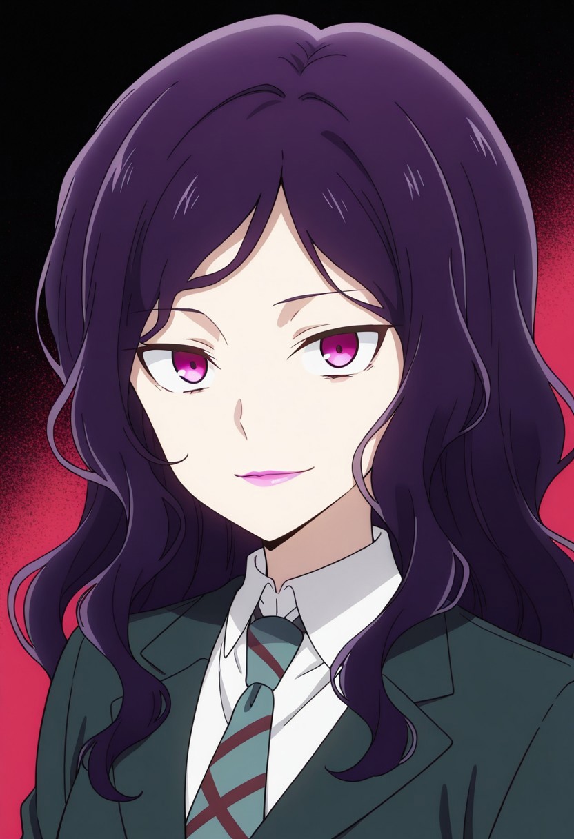masterpiece, best quality, amazing quality,1girl, solo, BREAK
,beltosiekwk,purple hair,long hair, wavy hair, purple eyes,lipstick, school uniform,necktie,
BREAK
,multicolored background,upper body,portrait, looking at viewer