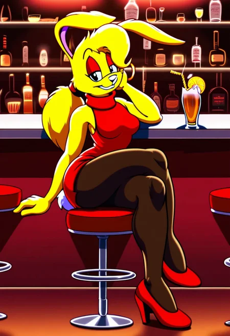 score_9, score_8_up, score_7_up, score_6_up, score_5_up, score_4_up, retro artstyle, BREAK
LoriJackRabbitPXL, rabbit girl,1girl, red footwear, dress, solo, furry,yellow hair, furry female, animal ears, sitting, pantyhose, bar \(place\), long hair, stool, earrings, cocktail glass, sleeveless,rabbit tail, jewelry, makeup, red dress, sleeveless dress, bare shoulders, short dress, drinking glass, animal nose, cup, smile, full body, eyeshadow, turtleneck dress, half-closed eyes, high heels, looking at viewer, crossed legs, breasts, signature, bar stool, indoors, black pantyhose,yellow fur, hoop earrings, alcohol, on stool, shoes, body fur, bottle, medium breasts
<lora:lorijackrabbit-v1:0.9>
