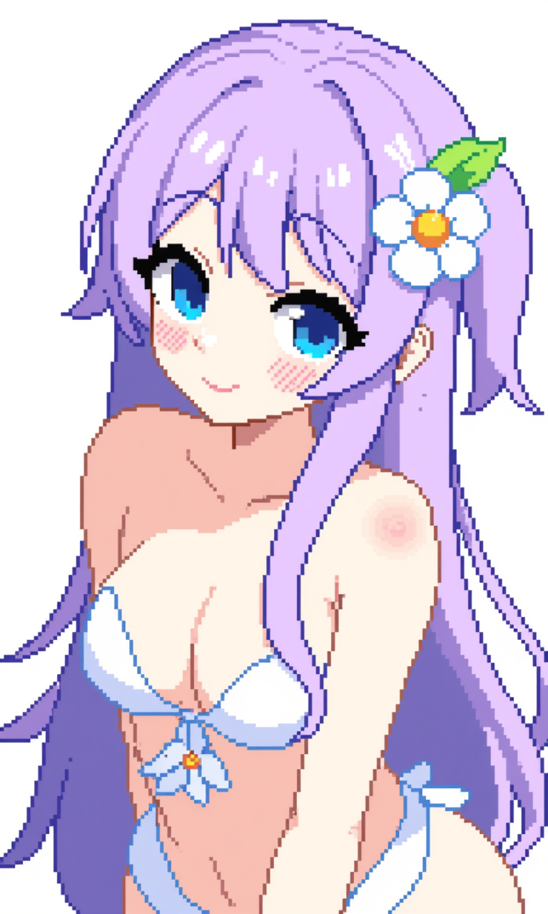 Pixel Art. The image is a pixel art drawing of a young woman with a playful and slightly seductive pose. She has long, flowing lavender hair, adorned with a small, green leaf-like hair accessory on the left side, and a white flower on the right side. Her hair is styled in loose, wavy strands that cascade down her back and shoulders. Her skin is a light, peachy complexion, with a subtle blush on her cheeks, adding a youthful and innocent charm to her expression.