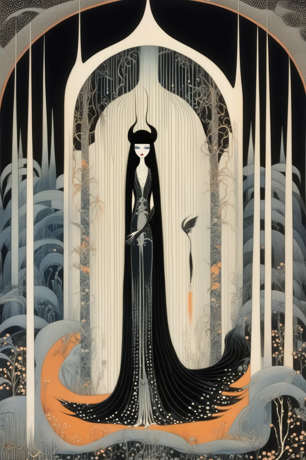<lora:Kay Nielsen Style:1>Kay Nielsen Style - femme fatale in the style of Kay Nielsen