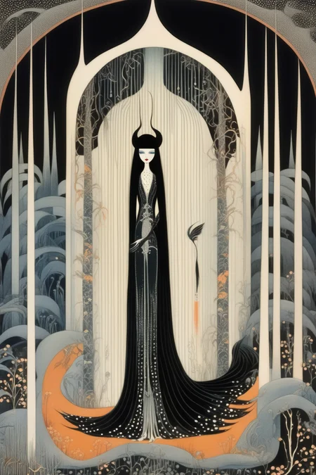 <lora:Kay Nielsen Style:1>Kay Nielsen Style - femme fatale in the style of Kay Nielsen
