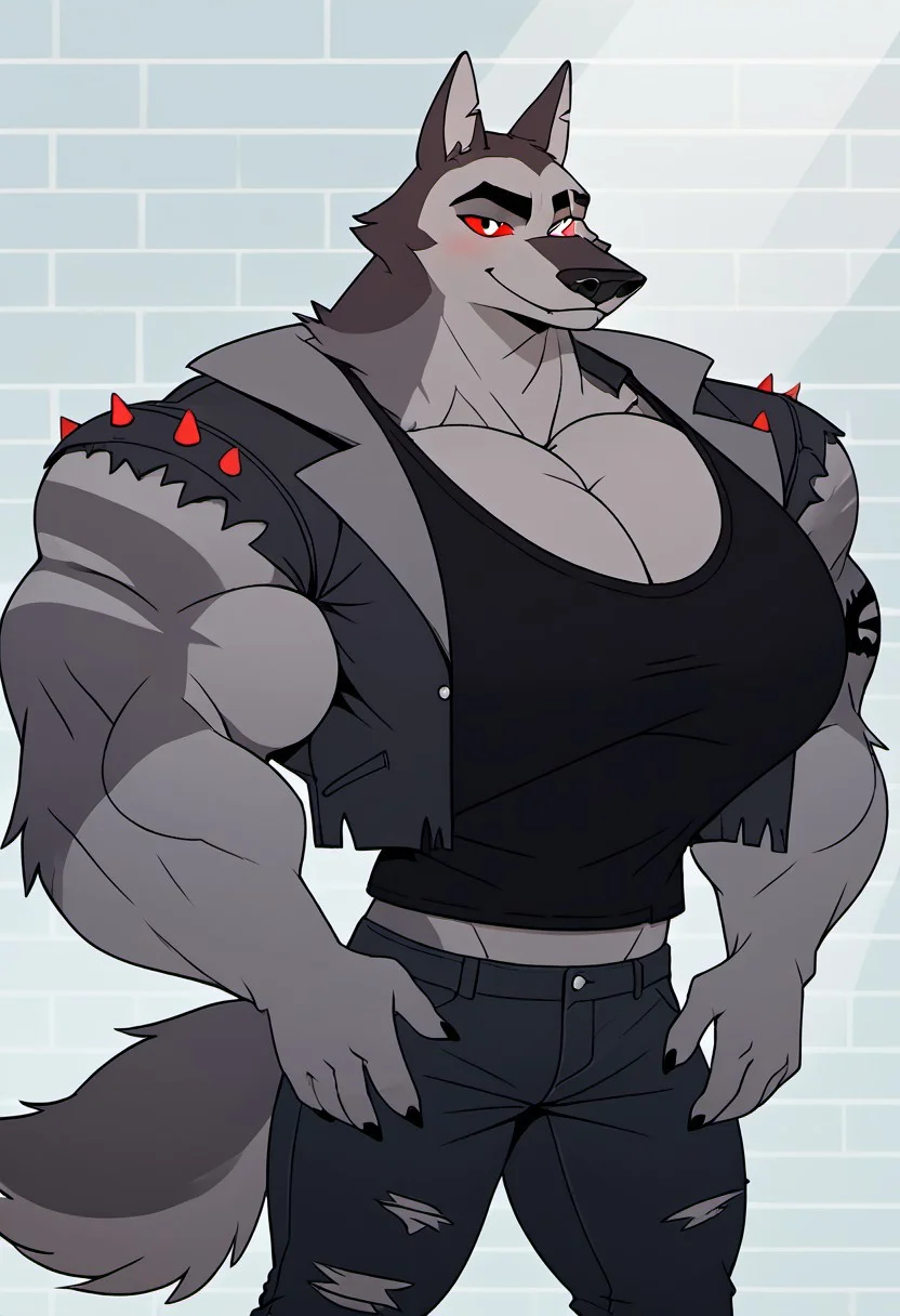 score_9_up, score_8_up, score_7_up, Detailed background, male, male focus, 1boy, solo, furry,  VORTEX (HELLUVA BOSS), FURRY, GREY FUR,SILVER EYE, RED SCLERA,(SCAR ACROSS EYE), (BLANK GLASS EYE) , WOLF TAIL, ARM TATTOO, TANK TOP, SPIKED LEATHER VEST, BLACK VEST, RIPPED JEANS, blushing, broad shoulders, small waist, (hyper muscles:1.2), (hyper pecs:2.0), (hyper pectorals:2.0), huge traps, hyper Bulge, huge Bulge, one arm behind Head, sweating, sexy smirk , on studio, sound equipments, studio background, remert