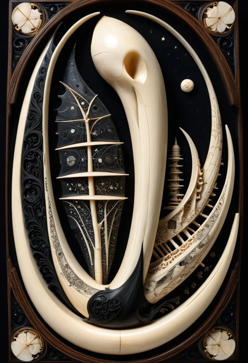 lazypos, made out of, ebony, ivory, scrimshaw, bone carving, craft, technology, black and white contrast, bone and wood textures, elegant and surreal design, ultra-luxury aesthetic, hyper-realistic reflections, aerodynamic shape, dramatic studio lighting, futuristic yet classical fusion, sdxl style, highly reflective surfaces