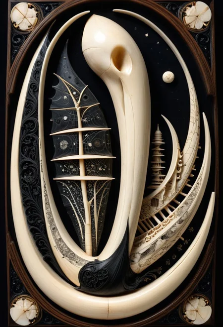 lazypos, made out of, ebony, ivory, scrimshaw, bone carving, craft, technology, black and white contrast, bone and wood textures, elegant and surreal design, ultra-luxury aesthetic, hyper-realistic reflections, aerodynamic shape, dramatic studio lighting, futuristic yet classical fusion, sdxl style, highly reflective surfaces