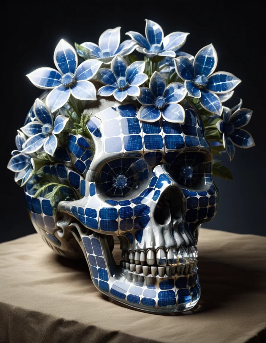 A macabre still life of ral-phtvoltc flowers arranged in a crystal skull, made out of ral-phtvoltc <lora:ral-phtvoltc-sdxl:1>