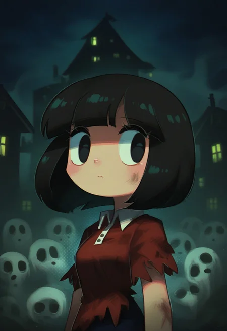 PRFRV Style, atmospheric lighting, 1girl, halftone effect, retro artstyle, ghosts, haunted house, short hair, black hair, black eyes, bob cut, bangs, blunt bangs, polo shirt, collared shirt, short sleeves, torn clothes, night, fog, detailed eyes, round eyes, round pupils,