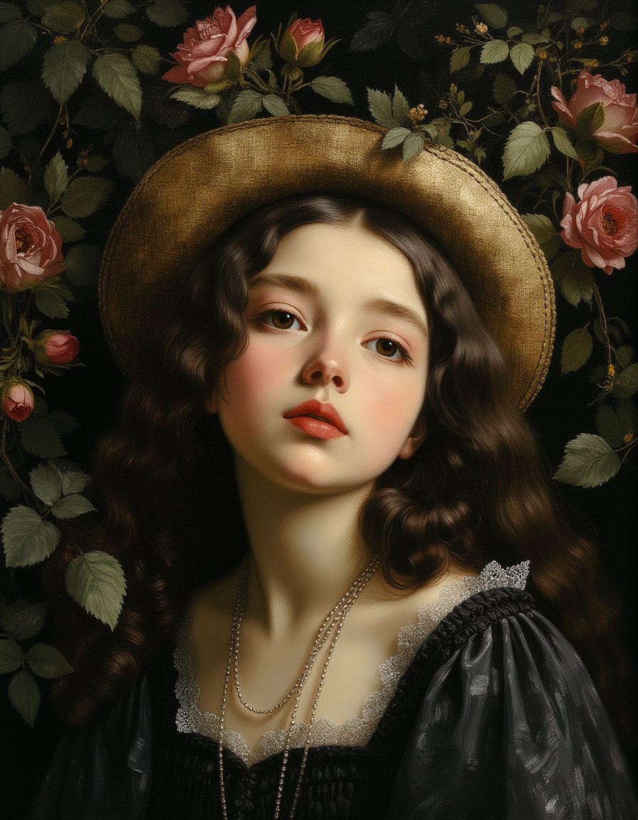 Masterpiece, high quality, Oil Painting, storybook-inspired folk art with dreamlike details. the universe loves me, she send me light of love, and I accept it, frail tween girl, looks like a fashion model, fantastical, focus on the girl, Masterpiece, intricate lines, intriguing atmosphere, delicate features, elaborate details, (2/3 rule composition:0.5), ultra detailed, romantic, rich deep, novuschroma, del1cate_balance style, in the style of Rembrandt. FS, vantablack <lora:style_of_Rembrandt_FLUX_135:.8> <lora:- Flux1 - vanta_black_V2.0:.6> <lora:Delicate_Balance:.3> <lora:neeeg_f1:-1> <lora:113_novuschromaFLX_1:.2> <lora:FS_v2:.4>