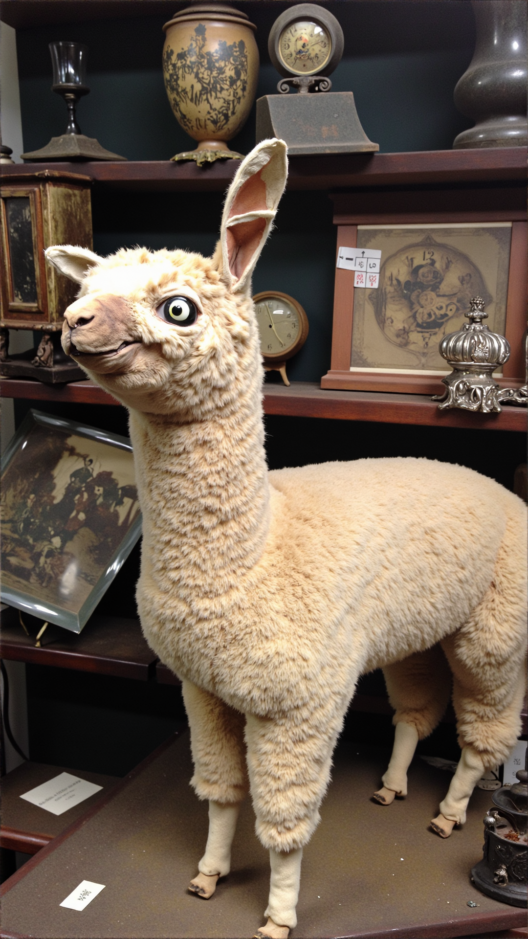 badtxdrmy, bad taxidermy, A photo of a bad taxidermi alpaca with one eye bulging outward and the other sunk deep into its socket, its ears lopsided, one pointing upwards and the other slumped against its neck. The alpaca's fur is matted and uneven, with patches of bare skin visible around its mouth and nose. It stands on a dusty shelf in a dimly lit, cluttered antique shop, surrounded by old vases, broken clocks, and faded photographs. The shelf is covered in a thin layer of dust and cobwebs cling to the alpaca's fur, giving it an eerie, abandoned appearance.<lora:BadTaxidermiFlux:1>