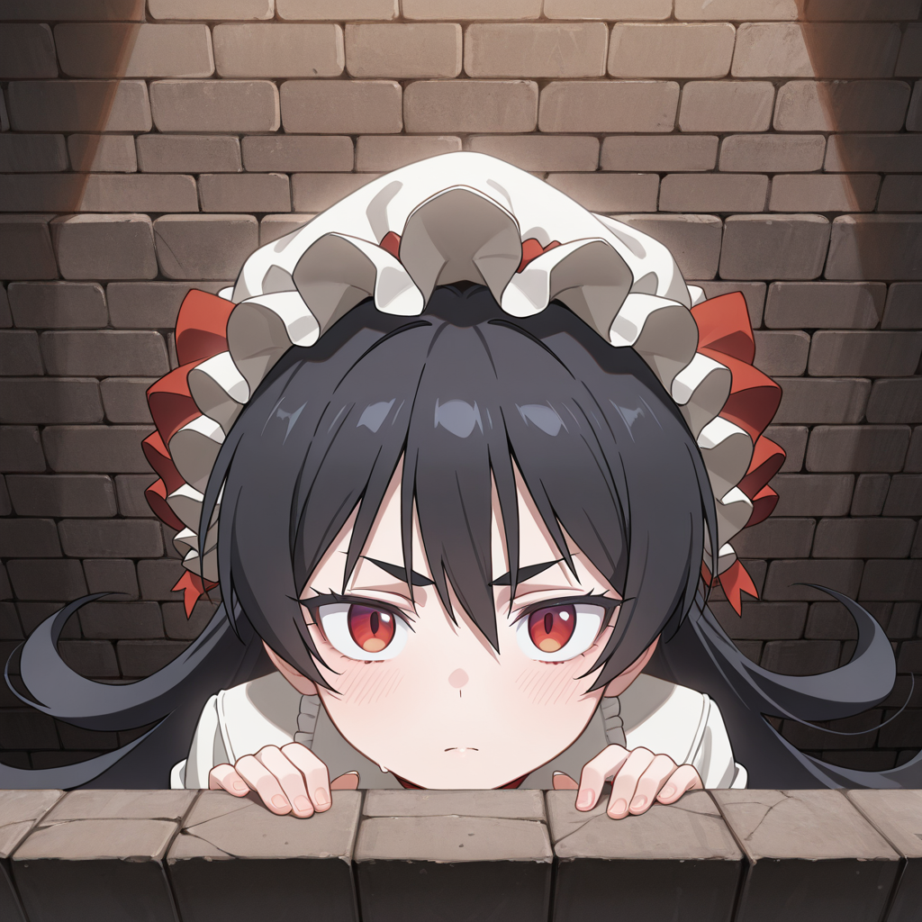 <lora:IL_kilroy_was_here:1>,kl_h,kilroy was here,brick wall,<lora:_ilya_pcr-elesico-ilxl-rev2:0.7>,pcrilya,black hair,very long hair,red eyes,meme,, masterpiece,best quality,amazing quality,very aesthetic,absurdres,