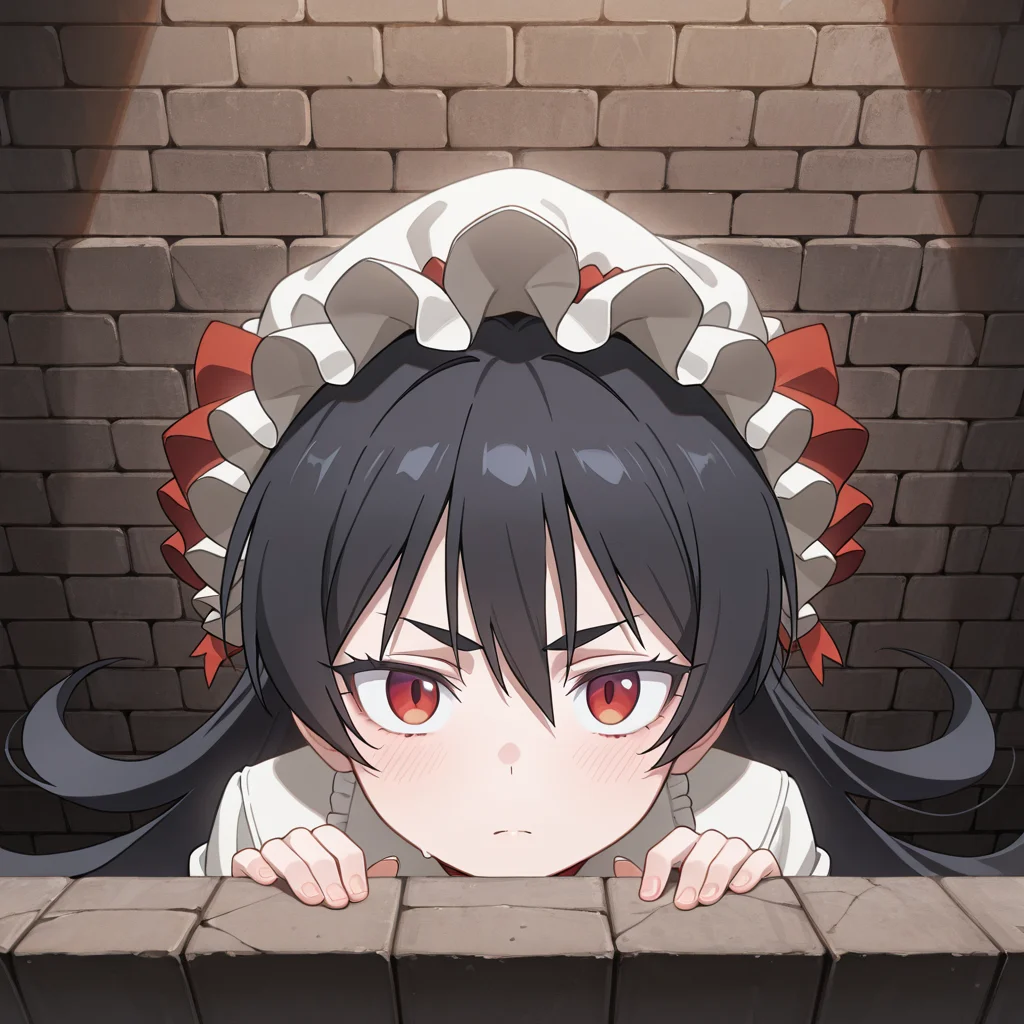 <lora:IL_kilroy_was_here:1>,kl_h,kilroy was here,brick wall,<lora:_ilya_pcr-elesico-ilxl-rev2:0.7>,pcrilya,black hair,very long hair,red eyes,meme,, masterpiece,best quality,amazing quality,very aesthetic,absurdres,