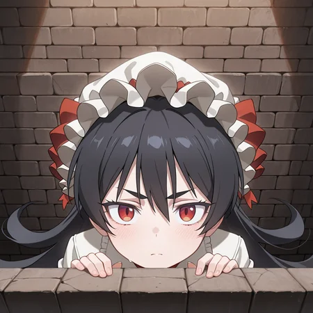 <lora:IL_kilroy_was_here:1>,kl_h,kilroy was here,brick wall,<lora:_ilya_pcr-elesico-ilxl-rev2:0.7>,pcrilya,black hair,very long hair,red eyes,meme,, masterpiece,best quality,amazing quality,very aesthetic,absurdres,