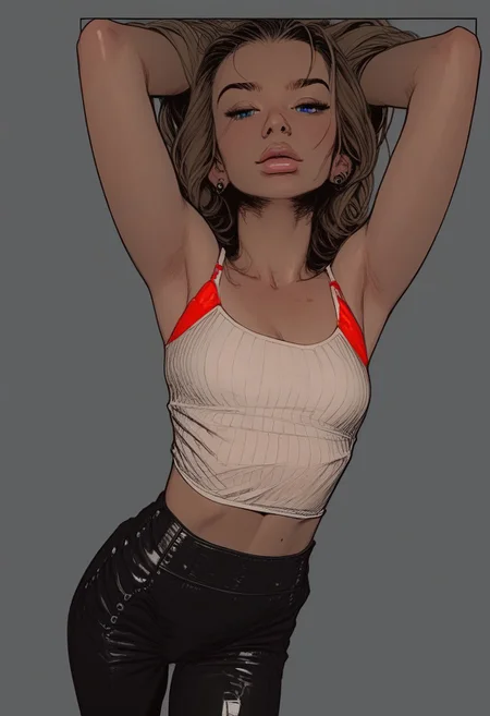 score_9, score_8_up, score_7_up, sinozick style , flat color, erotic theme, bright colors, source_comic, pinup girl pose, Expressive, shiny black leather pants, white tank top, red bra, posing for erotic photoshoot, dynamic sexy pose,
BREAK
dramatic angle, unique perspective, unique angle,