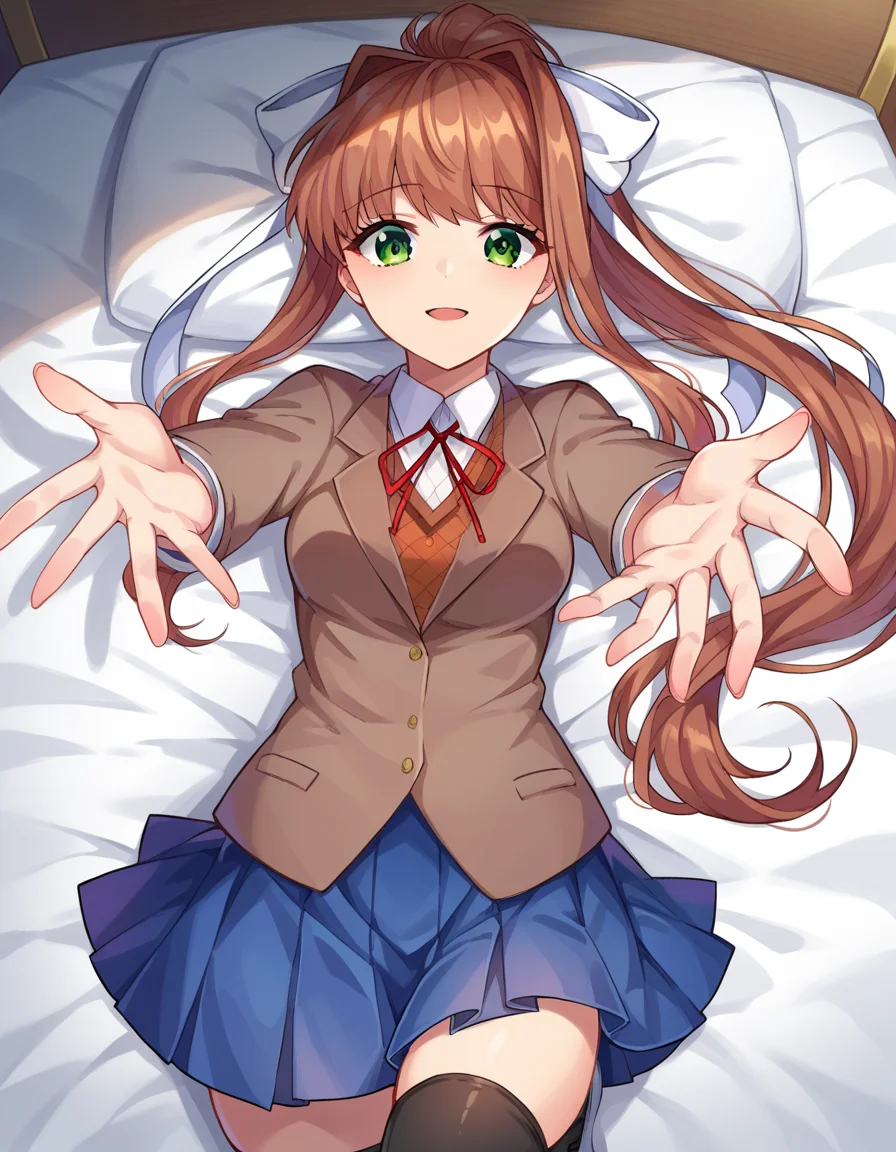score_9, score_8_up, score_7_up, source_anime,
ddlcmonika, <lora:ddlc-monika-ponyxl-lora-nochekaiser:1>
ddlcmonika, blunt bangs, brown hair, green eyes, long hair, ponytail, ribbon, white ribbon, hair ribbon, sidelocks,
black thighhighs, blue skirt, brown jacket, jacket, long sleeves, mary janes, over-kneehighs, pleated skirt, school uniform, shoes, skirt, thighhighs, zettai ryouiki
indoors, bed, bed room, on back, arm support, arms up, incoming hug, pov, reaching, reaching towards viewer,
looking at viewer, dutch angle, cowboy shot,