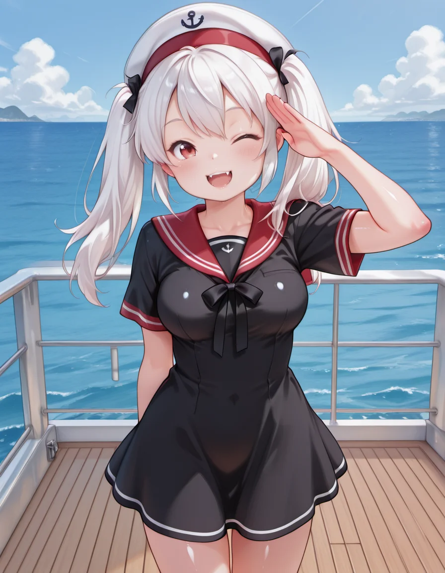 <lora:Cute_Vampire_Sakuya_IL:0.8> sakuya-tan,medium breasts, shiny skin, white hair, red eyes,long hair, twintails, fangs, black ribbon,
<lora:Yacht_-_IL:0.8> y4cht, yacht deck, wooden deck, railing, ocean, blue sky
1girl,
sailor dress, black dress, red sailor collar, sailor hat,
one eye closed, open smile,salute, looking at viewer,, masterpiece, best quality, amazing quality, very aesthetic, absurdres, cute, kawaii, cute round face, slender, detailed eyes, detailed hair,