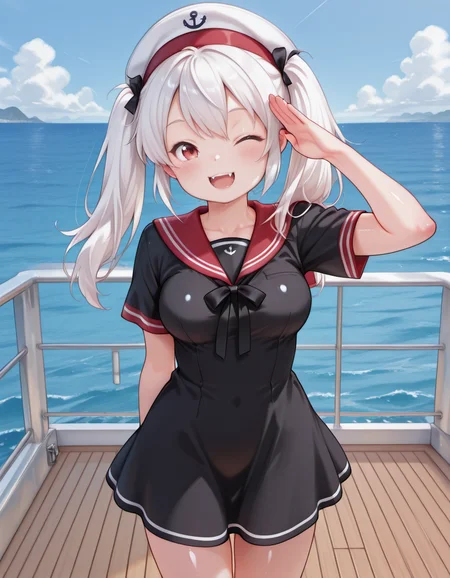 <lora:Cute_Vampire_Sakuya_IL:0.8> sakuya-tan,medium breasts, shiny skin, white hair, red eyes,long hair, twintails, fangs, black ribbon,
<lora:Yacht_-_IL:0.8> y4cht, yacht deck, wooden deck, railing, ocean, blue sky
1girl,
sailor dress, black dress, red sailor collar, sailor hat,
one eye closed, open smile,salute, looking at viewer,, masterpiece, best quality, amazing quality, very aesthetic, absurdres, cute, kawaii, cute round face, slender, detailed eyes, detailed hair,