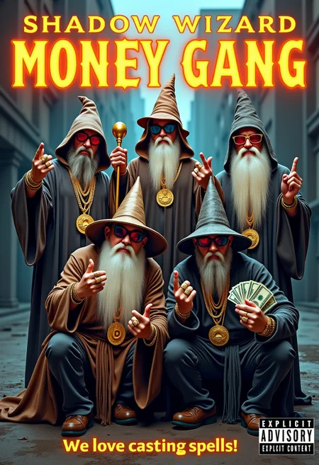 A semi-realistic image of 4 white wizards posing like they’re on a rap album cover. Two are standing, wearing unique wizard hats, while the other two are squatting with different styles of hoods covering their faces. Each wizard wears different flashy outfits with over-the-top bling—huge gold chains, rings, and sunglasses. Making gang signs. Two of the wizards are casting luminous spells. One wizard holds a glowing staff, another flashes stacks of hundred-dollar bills. The background is a gritty, urban setting, perfect for a rap album cover. 'Shadow Wizard Money Gang' is spelled out in bold, glowing letters at the top, with 'We love casting spells' at the bottom. An 'Explicit Content' logo is in the corner