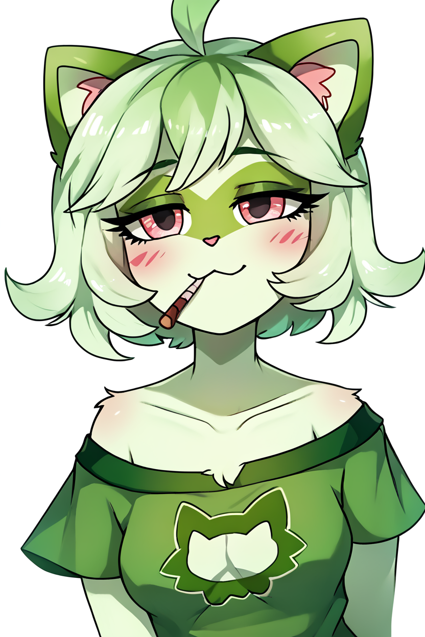 score_9, score_8_up, score_8, medium breasts, (curvy), cute, eyelashes,       BREAK, ,  zzWdcat, 1girl, looking at viewer, blush, short hair, simple background, shirt, white background, animal ears, bare shoulders, upper body, short sleeves, green hair, artist name, cat ears, off shoulder, black shirt, :3, blush stickers, half-closed eyes, cat girl, furry, cropped torso, furry female, <lora:Wdcat_PDXL:1.0>, , BREAK, looking at viewer, ,,, smile, upper body, leaning forward, head tilt, ,,, embedding:zPDXL, Expressiveh, ,,, <lora:theButcherXPDXL:0.8>, <lora:CatalystStylePDXL:0.6>, <lora:SDXLFaeTastic2400:0.5>, <lora:Expressive_H-000001:0.4>,