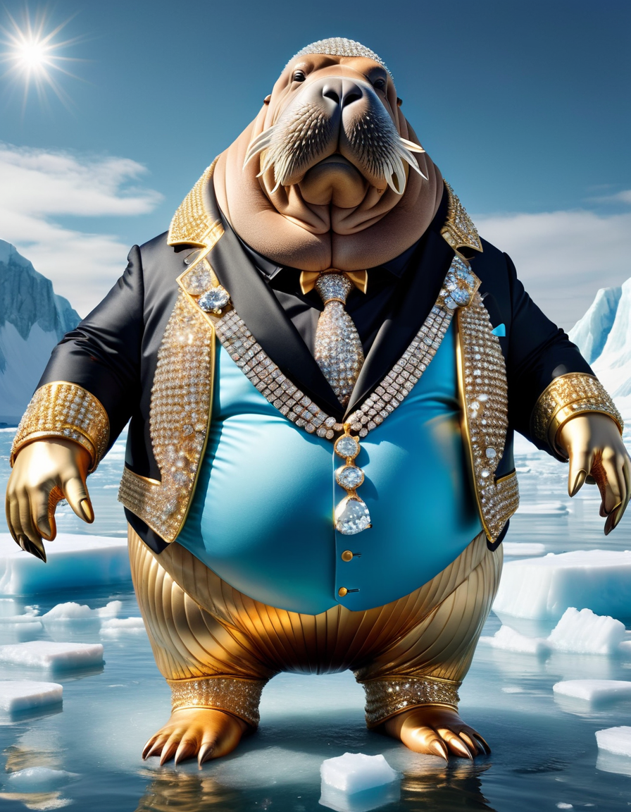 a very fat gangster walrus wearing a ral-bling tuxedo, standing in the arctic in clear blue water on a ice shell, wearing a a huge gold and diamond chain made out of ral-bling <lora:ral-bling-sdxl:0.58> dark cloud sky