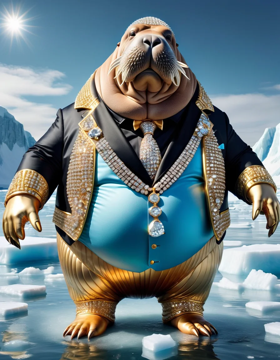 a very fat gangster walrus wearing a ral-bling tuxedo, standing in the arctic in clear blue water on a ice shell, wearing a a huge gold and diamond chain made out of ral-bling <lora:ral-bling-sdxl:0.58> dark cloud sky