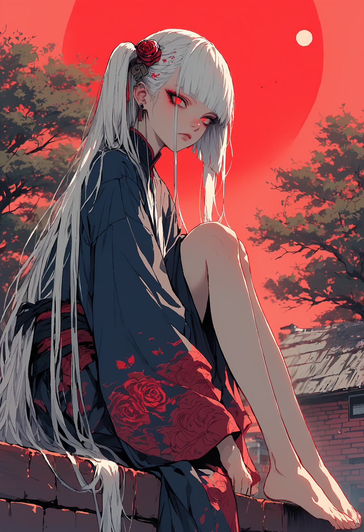 score_9, score_8_up, score_7_up,source_anime,1girl,solo,white hair,very long hair,side ponytail,blunt bangs,hair ornament,rose hair ornament,red eyes,perfecteyes,eyebrows,hair behind ear,hair covering eye,dark blue kimono,geometric print,red kimono ribbon,brick house rook,sitting on roof,large tree,red sky,red moon,looking at viewer,full body,dark colors,sinozick,flat colors