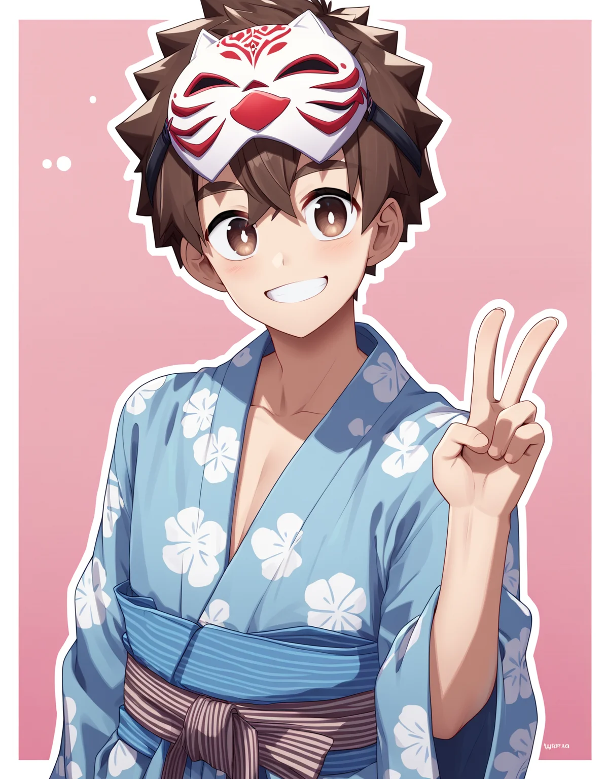 score_9, score_8_up, score_7_up, score_6_up, source_anime, pink background, white border, white outline, 1boy, solo, brown hair, smile, japanese clothes, yukata, smiling, upper body, mask on top of head, peace sign <lora:rukiruki_AMXL_v1e-ShoAI:1>