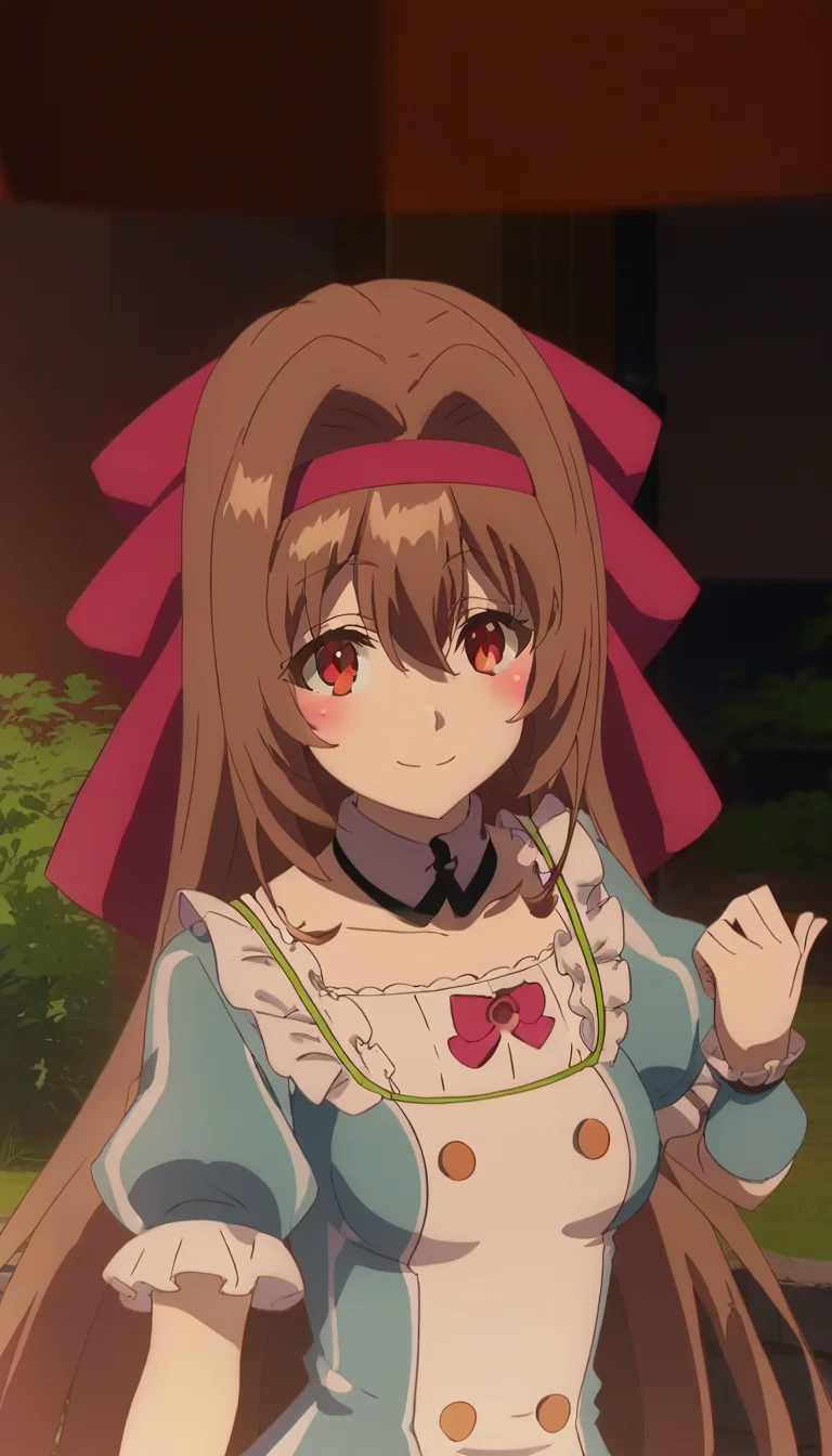 score_9,score_8_up,score_7_up,score_6_up BREAK official art,solo,outdoors,upper body,(portrait:1.5),looking at viewer,facing viewer,smile,blush,Kiara,very long hair,brown hair,hair intakes,red hairband,hair bow,hair ribbon,red ribbon,sidelocks,hair between eyes,bangs,red eyes,detached collar,long dress,blue dress,vertical-striped dress,frills,white dress,white shirt,buttons,pink bowtie,medium breasts,puffy short sleeves,wrist cuffs,high heels,<lora:Kiara(rh)-Pony:1.6>,