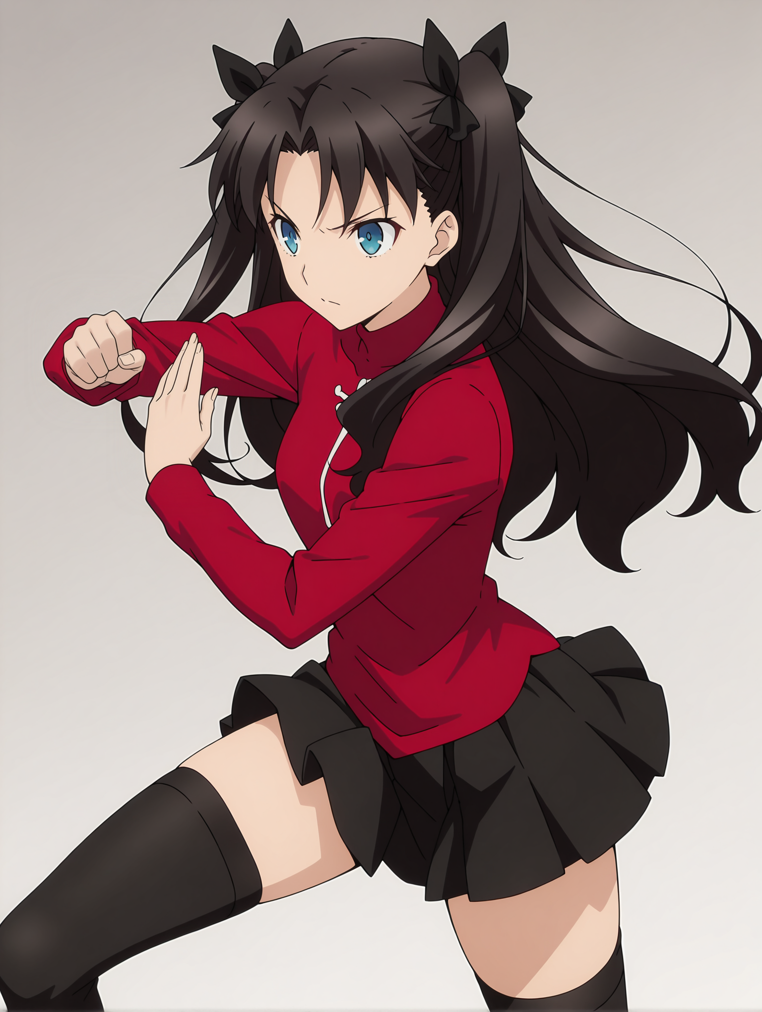 masterpiece,best quality,newest,1girl,solo,
anime screencap,<lora:T_Rin_ilxlv1.3:1>,t_rin,two side up,black hair bow,black hair,blue eyes,r_clothes,turtleneck,long sleeves,red shirt,miniskirt,black_thighhighs,
<lora:Fixhands_anime_bdsqlsz_V1:1>,standing,open_stance,fighting_stance,fighting,