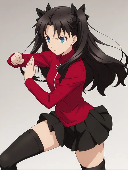 masterpiece,best quality,newest,1girl,solo,
anime screencap,<lora:T_Rin_ilxlv1.3:1>,t_rin,two side up,black hair bow,black hair,blue eyes,r_clothes,turtleneck,long sleeves,red shirt,miniskirt,black_thighhighs,
<lora:Fixhands_anime_bdsqlsz_V1:1>,standing,open_stance,fighting_stance,fighting,