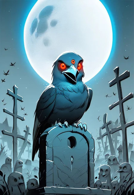 score_9, score_8_up, score_7_up, illustration, monochrome, cemetery background, bird raven, threeeyed raven, red glowing eyes, sitting on tombstone, moon, moonlight, nighttime, no humans,C3DS