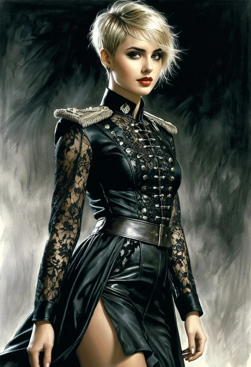 best quality, (Luis Royo drawing style), masterpiece, hyper realistic, highly detailed, extermely detailed, an extermely delicate and beautiful image, dynamic, realistic anatomy, perfect anatomy, great lighting, perfect shading, Professional shading, depth of field, realism, breathtaking, gentle, pure genious, absolutely perfect, amazing, amazing beauty, beautiful woman, full body, sheer, lace, leather, modern military, military officer, military uniform, long dress, perfect face, perfect eyes, beautiful smile, blonde, (short pixie cut, short undercut hair, short hair cut, asymmetrical hair, shaved on the side),earings, 35mm, f1.4, dark smokey eyes, dark lipstick, erotic , erotic outfit, well-endowed, full shot photo, uncropped, sensual, perfect boobs, (very huge natural boobs, heavy boobs, saggy boobs, sloppy boobs)
