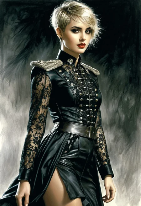 best quality, (Luis Royo drawing style), masterpiece, hyper realistic, highly detailed, extermely detailed, an extermely delicate and beautiful image, dynamic, realistic anatomy, perfect anatomy, great lighting, perfect shading, Professional shading, depth of field, realism, breathtaking, gentle, pure genious, absolutely perfect, amazing, amazing beauty, beautiful woman, full body, sheer, lace, leather, modern military, military officer, military uniform, long dress, perfect face, perfect eyes, beautiful smile, blonde, (short pixie cut, short undercut hair, short hair cut, asymmetrical hair, shaved on the side),earings, 35mm, f1.4, dark smokey eyes, dark lipstick, erotic , erotic outfit, well-endowed, full shot photo, uncropped, sensual, perfect boobs, (very huge natural boobs, heavy boobs, saggy boobs, sloppy boobs)